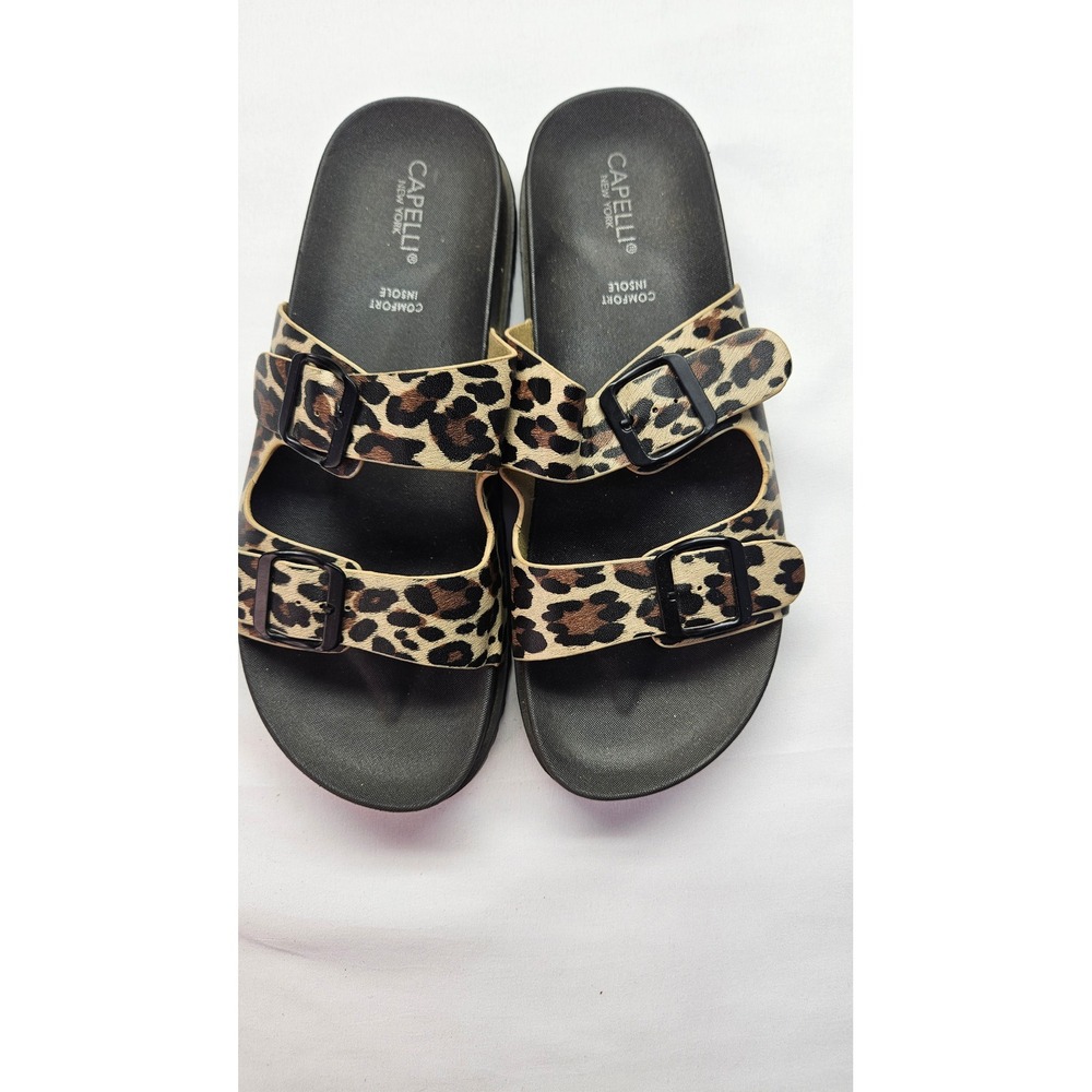 Capelli New York Womens Leopard Print Double Buckle Slide Sandals Size 7 Brown